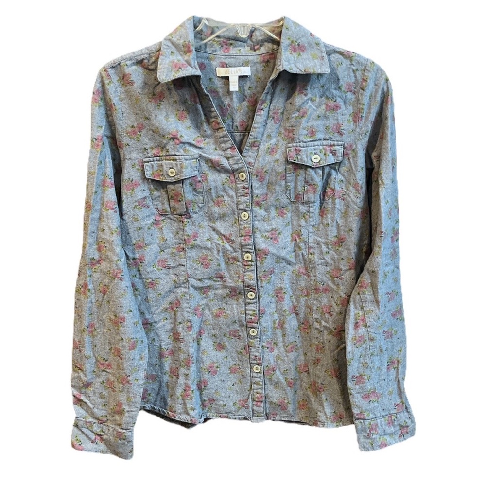 Delia’s Floral Button Down Shirt Denim Blue Size Large